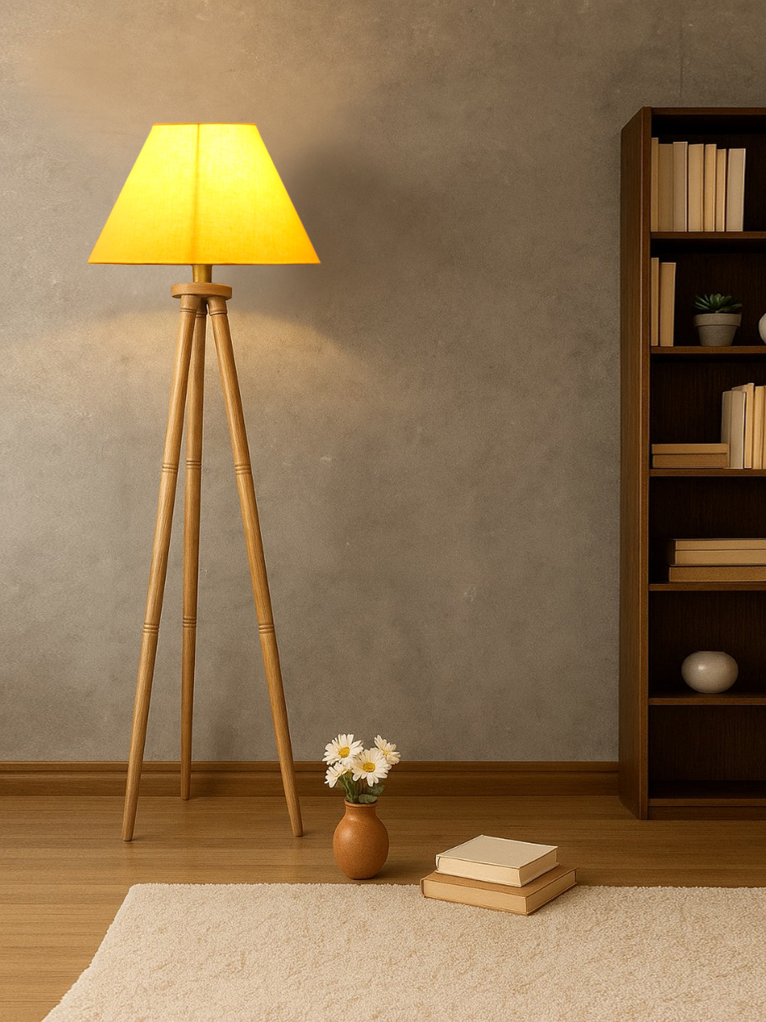 Yellow Cotton Conical Shade Wooden Tripod Floor Lamp for Living Room, Bedroom & Hotel Decor | Modern Standing Lamp with Natural Wood Base, E27 Holder, Ambient Lighting & Premium Home Decor - Image 3