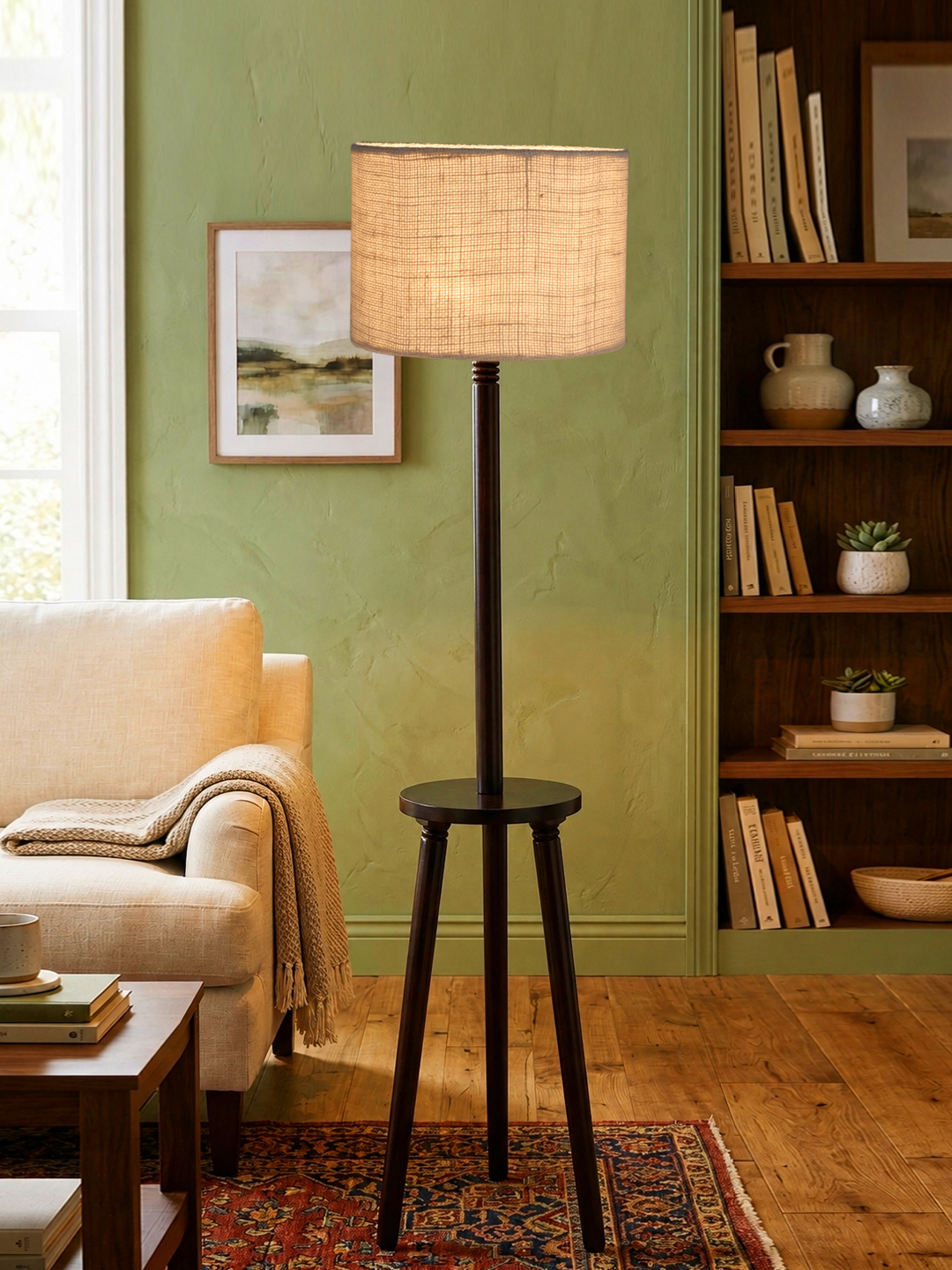 Premium White Jute Shade Floor Lamp with Wooden Shelf Stand for Living Room, Bedroom & Reading Corner | Modern Decorative Standing Lamp | Solid Wood Base | Elegant Home Lighting - Image 3