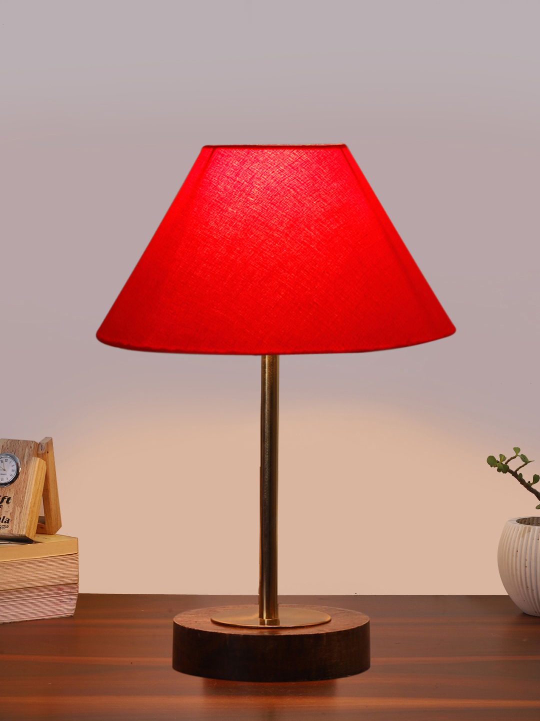 Ambika Home Luxury Premium Devansh Red cotton table lamp with Brown wood Base & Golden finish Metal (10X16.25 inches)-29 Lamp with Red Shade for Living Room, Bedroom & Hallway - Image 2
