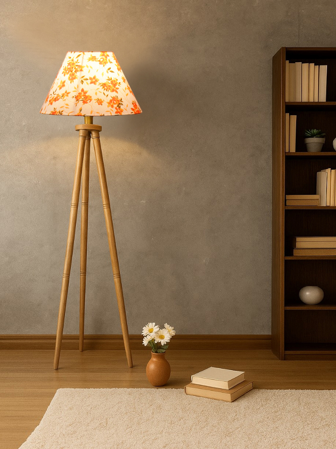 Multi Cotton Conical Shade Wooden Tripod Floor Lamp for Living Room, Bedroom & Hotel Decor | Modern Standing Lamp with Natural Wood Base, E27 Holder, Ambient Lighting & Premium Home Decor - Image 3