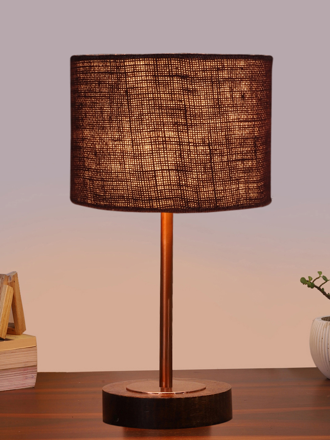 Ambika Home Luxury Premium Devansh Brown Jute table lamp with Brown wood Base & Copper finish Metal (7X17 inches)-17 Lamp with Brown Shade for Living Room, Bedroom & Hallway - Image 2