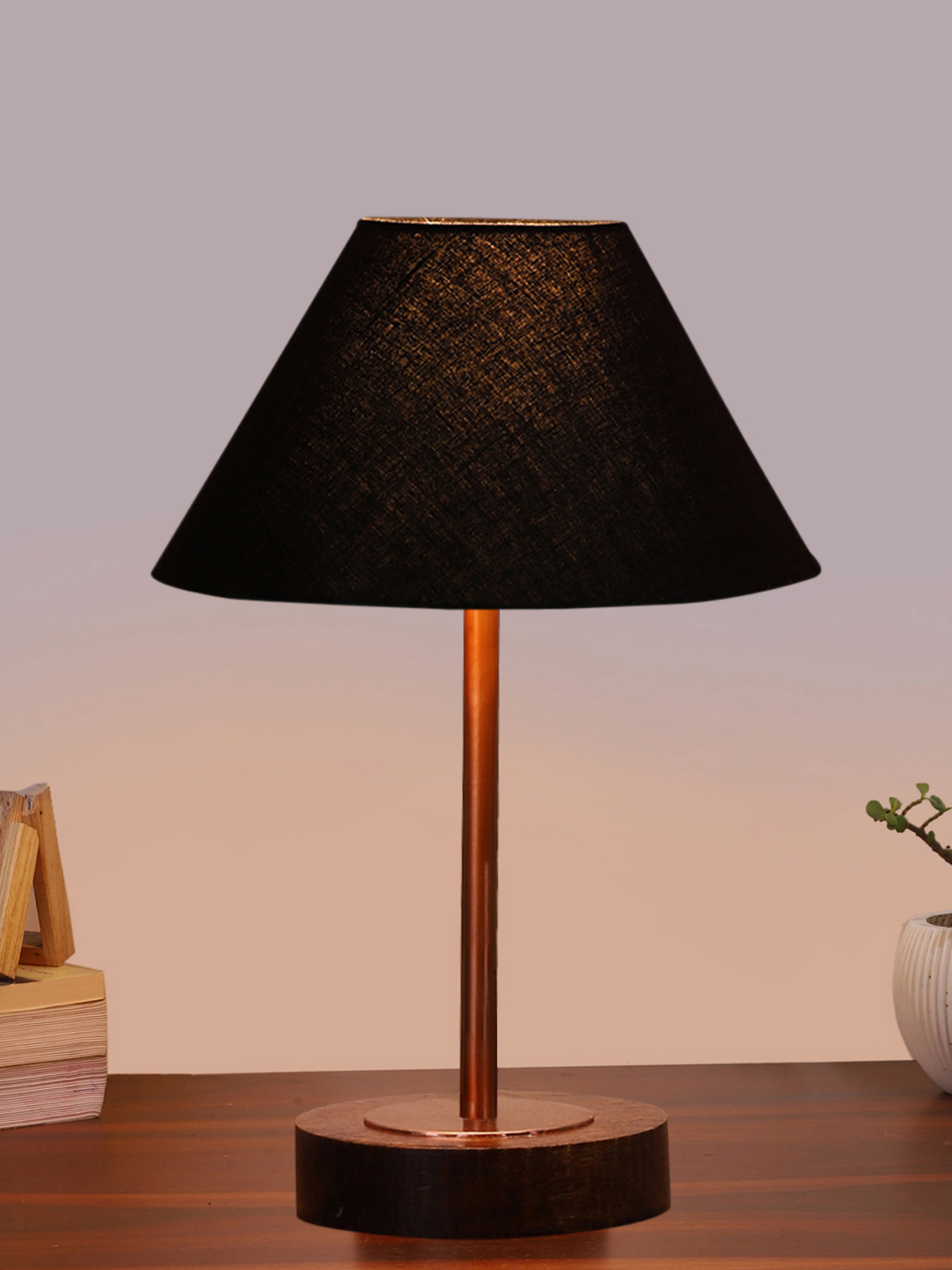 Ambika Home Luxury Premium Devansh Black cotton table lamp with Brown wood Base & Copper finish Metal (10X16.25 inches)-28 Lamp with Black Shade for Living Room, Bedroom & Hallway - Image 2