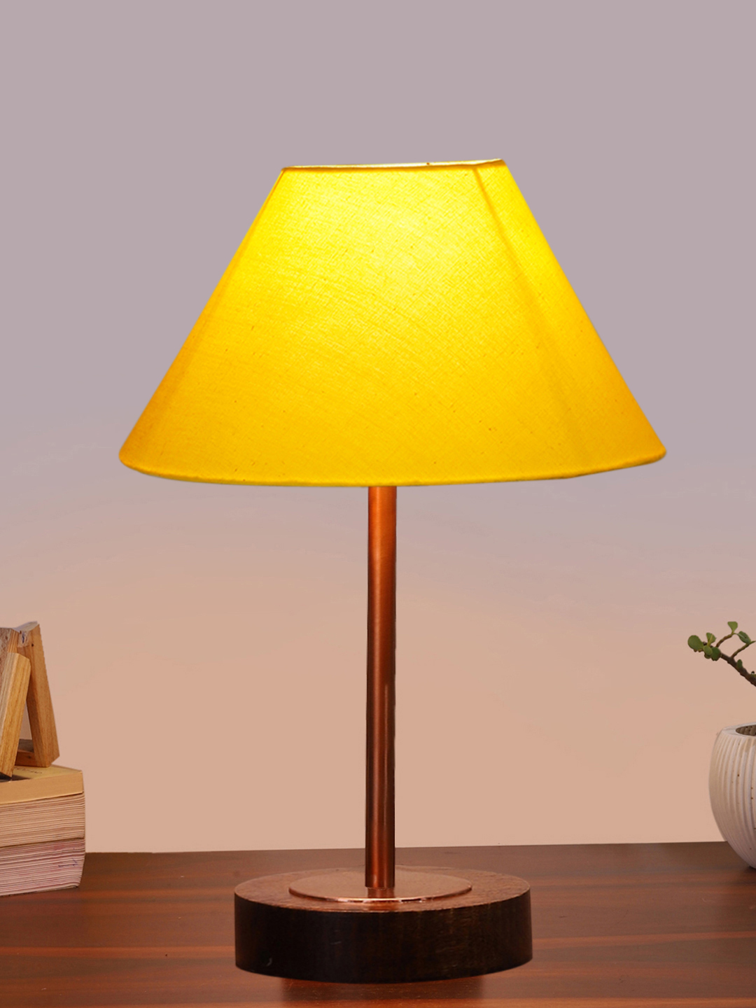 Ambika Home Luxury Premium Devansh Yellow cotton table lamp with Brown wood Base & Copper finish Metal (10X16.25 inches)-31 Lamp with Yellow Shade for Living Room, Bedroom & Hallway - Image 2