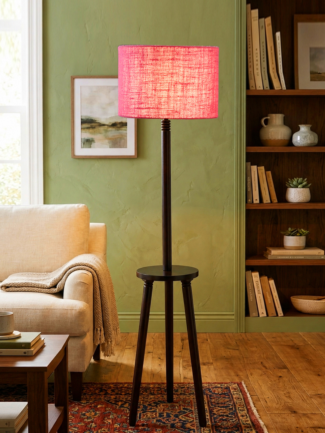 Premium Pink Jute Shade Floor Lamp with Wooden Shelf Stand for Living Room, Bedroom & Reading Corner | Modern Decorative Standing Lamp | Solid Wood Base | Elegant Home Lighting - Image 2