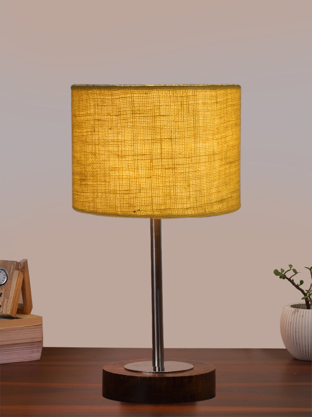 Ambika Home Luxury Premium Devansh Yellow Jute table lamp with Brown wood Base & Steel Pipe (7X17 inches)-17 Lamp with Yellow Shade for Living Room, Bedroom & Hallway - Image 2