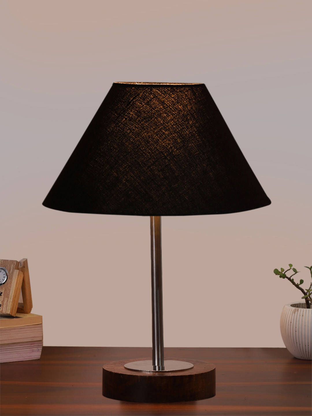 Ambika Home Luxury Premium Devansh Black cotton table lamp with Brown wood Base & Steel Pipe (10X16.25 inches)-28 Lamp with Black Shade for Living Room, Bedroom & Hallway - Image 2