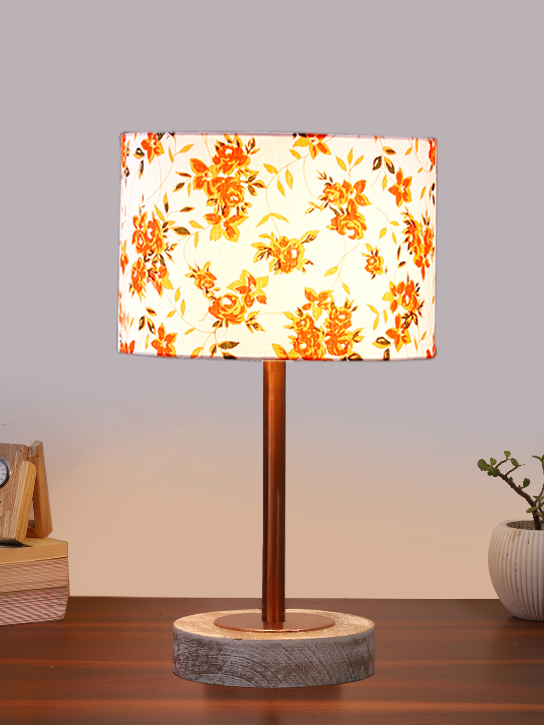 Ambika Home Luxury Premium Devansh Multicolor cotton table lamp with White Brushed Wood Base & Copper finish Metal (7X17 inches)-14 Lamp with Multicolor Shade for Living Room, Bedroom & Hallway - Image 2