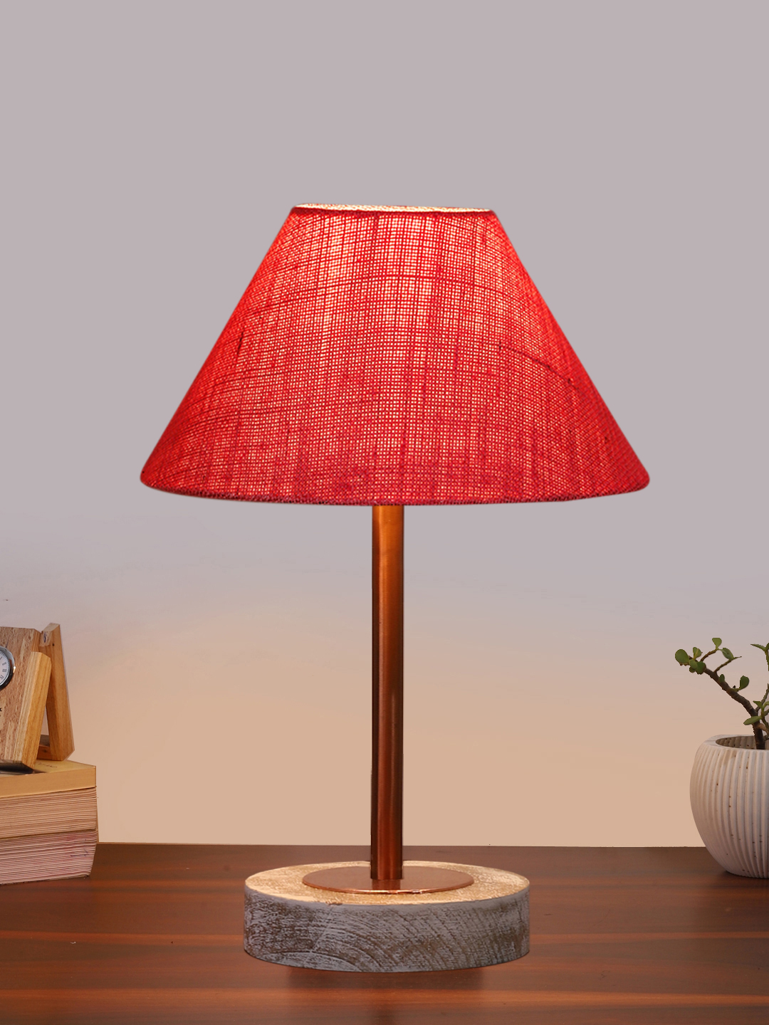 Ambika Home Luxury Premium Devansh Pink Jute table lamp with White Brushed Wood Base & Copper finish Metal (10X16.25 inches)-35 Lamp with Pink Shade for Living Room, Bedroom & Hallway - Image 2