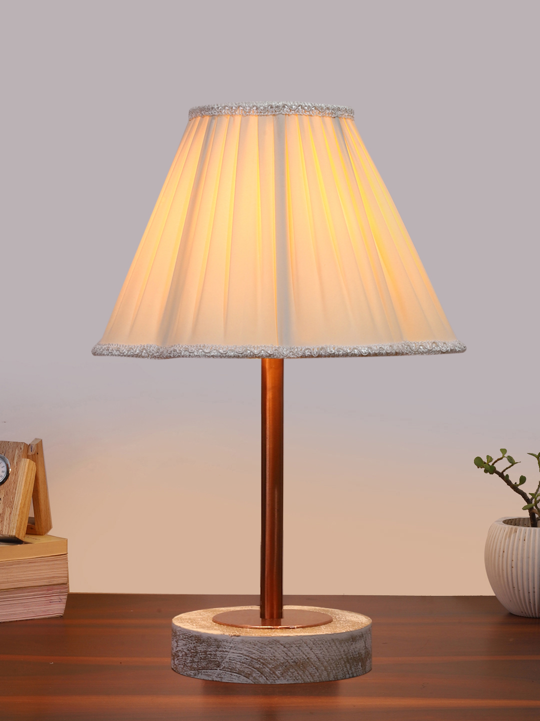 Ambika Home Luxury Premium Devansh Off-white cotton Vintage lamp with White Brushed Wood Base & Copper finish Metal (12x17.75) Lamp with off-white Shade for Living Room, Bedroom & Hallway - Image 2