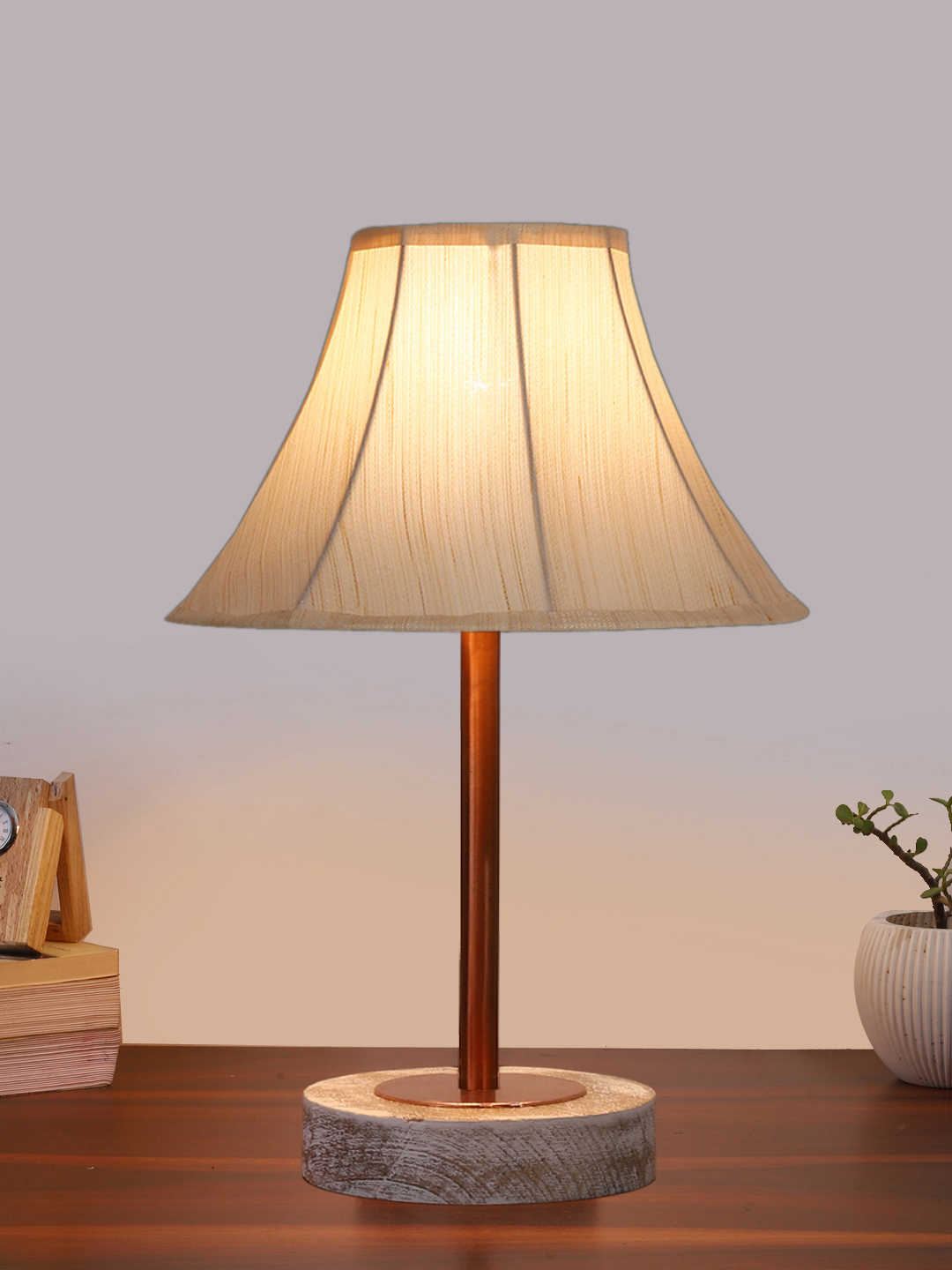 Ambika Home Luxury Premium Devansh Off-white cotton Vintage lamp with White Brushed Wood Base & Copper finish Metal (12x17.75) Lamp with off-white Shade for Living Room, Bedroom & Hallway - Image 2