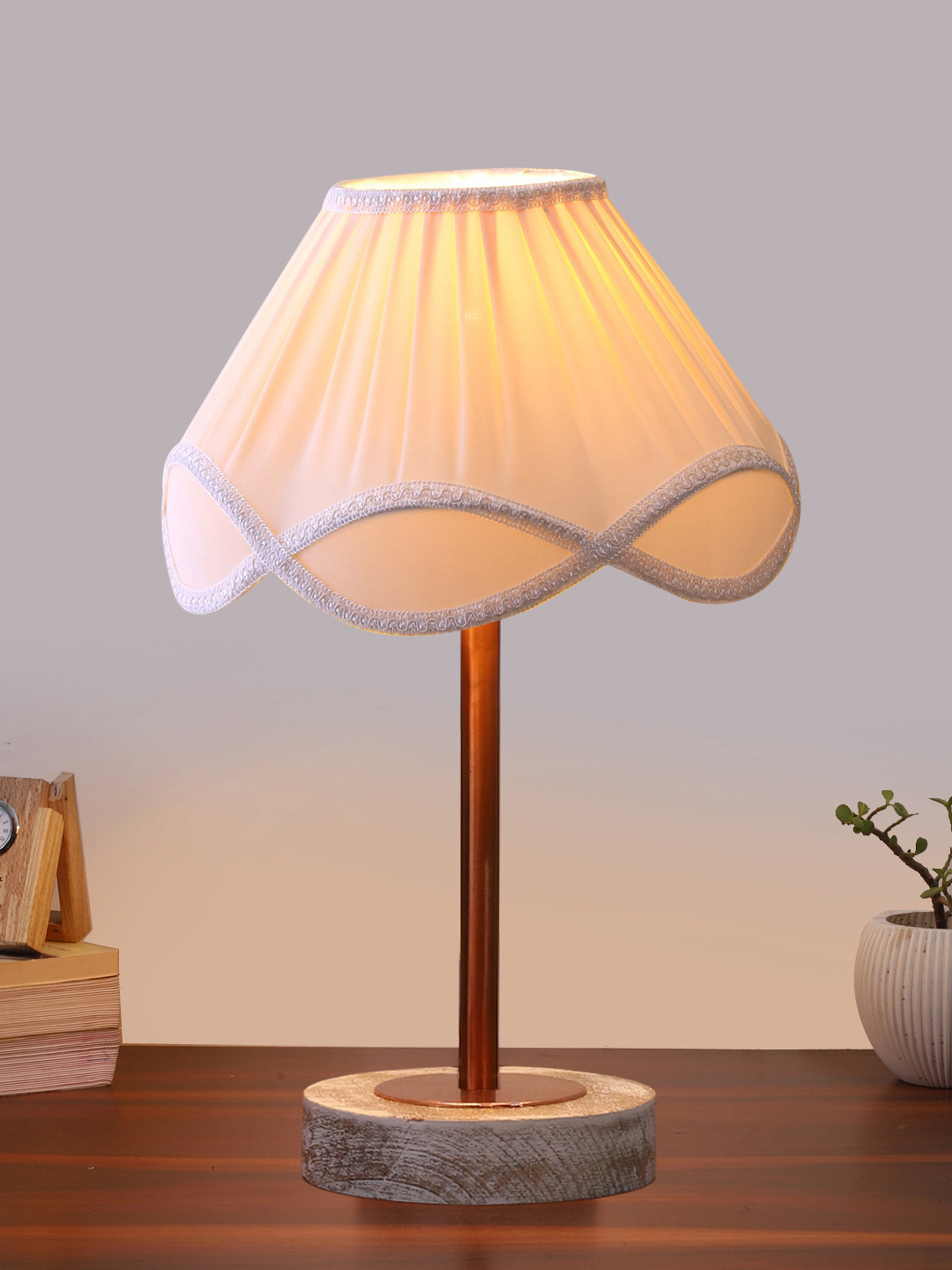 Ambika Home Luxury Premium Devansh Off-white cotton Vintage lamp with White Brushed Wood Base & Copper finish Metal (12x19.25) Lamp with off-white Shade for Living Room, Bedroom & Hallway - Image 2