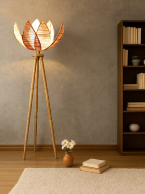 Beige Bamboo Rose Shade   Wooden Tripod Floor Lamp for Living Room, Bedroom & Hotel Decor | Modern Standing Lamp with Natural Wood Base, E27 Holder, Ambient Lighting & Premium Home Decor