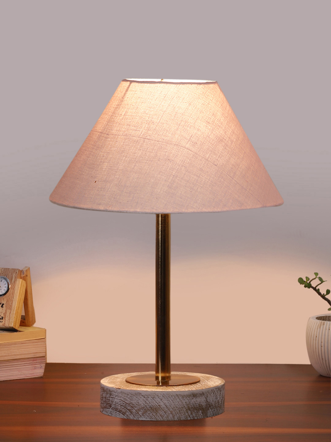 Ambika Home Luxury Premium Devansh Grey cotton table lamp with White Brushed Wood Base & Steel Pipe (10X16.25 inches)-32 Lamp with Grey Shade for Living Room, Bedroom & Hallway - Image 2