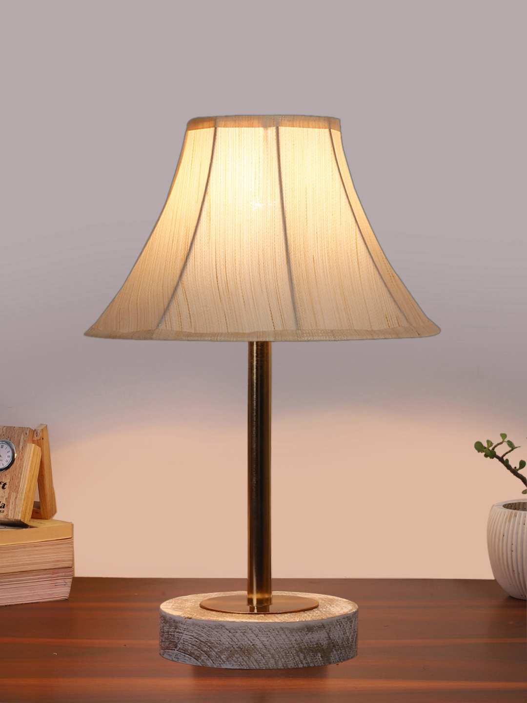 Ambika Home Luxury Premium Devansh Off-white cotton Vintage lamp with White Brushed Wood Base & Steel Pipe (12x17.75) Lamp with off-white Shade for Living Room, Bedroom & Hallway - Image 2