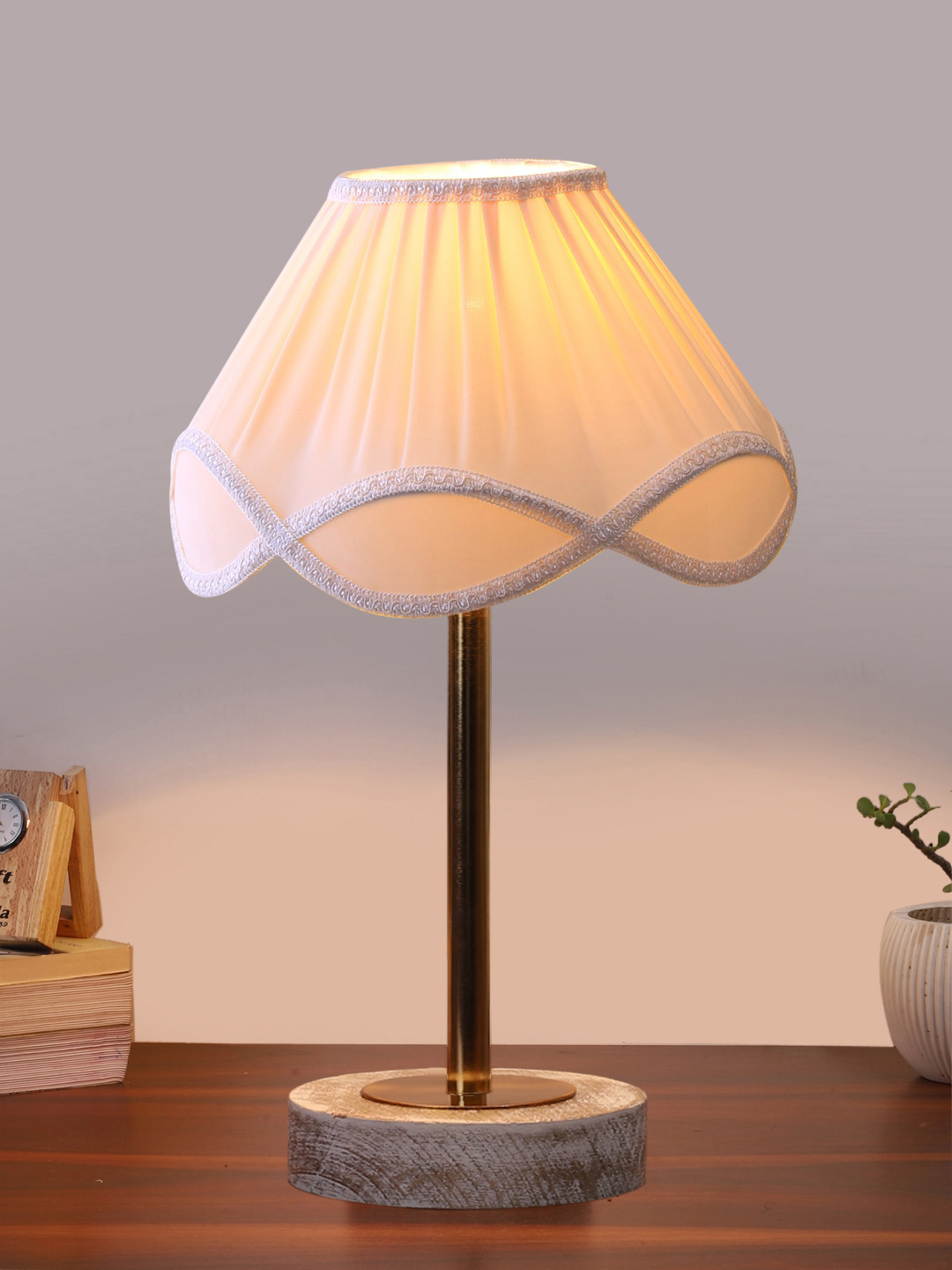 Ambika Home Luxury Premium Devansh Off-white cotton Vintage lamp with White Brushed Wood Base & Steel Pipe (12x19.25) Lamp with off-white Shade for Living Room, Bedroom & Hallway - Image 2