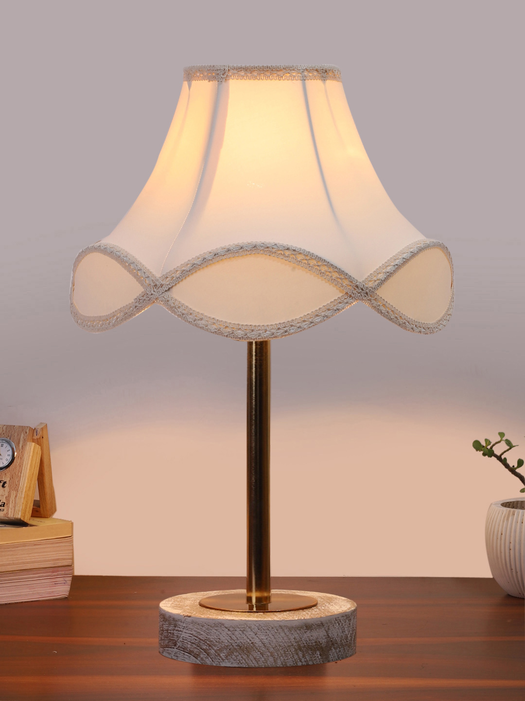 Ambika Home Luxury Premium Devansh Off-white cotton Vintage lamp with White Brushed Wood Base & Steel Pipe (12x19.25) Lamp with off-white Shade for Living Room, Bedroom & Hallway - Image 2