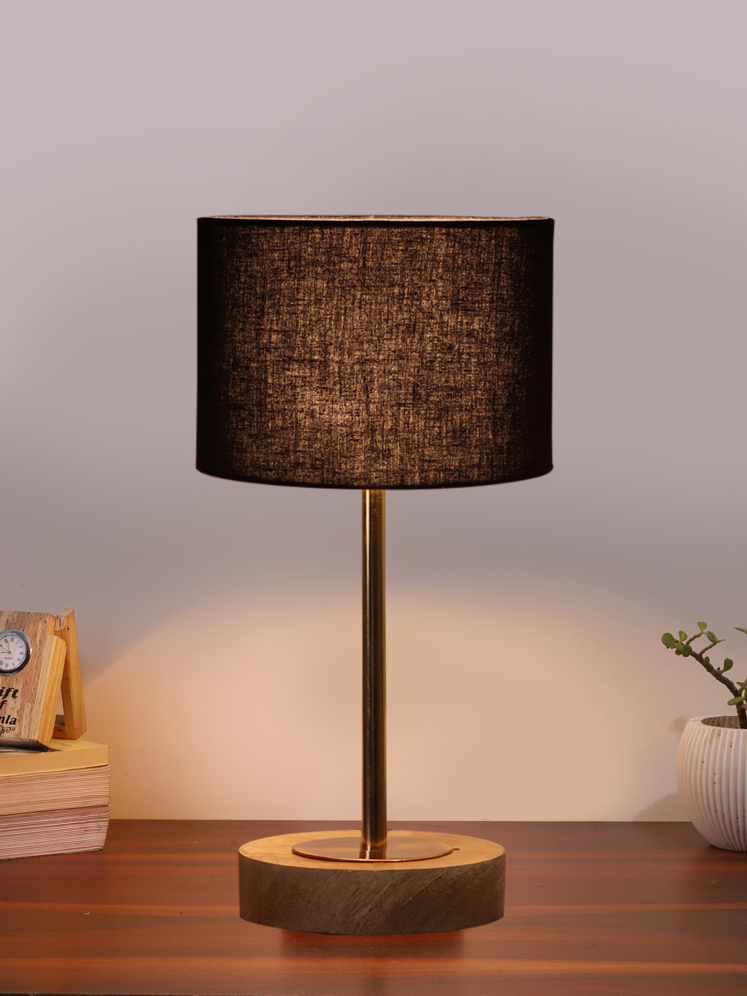 Ambika Home Luxury Premium Devansh Black cotton table lamp with Natural Wood Base & Golden Pipe (7X17 inches)-3 Lamp with Black Shade for Living Room, Bedroom & Hallway - Image 2