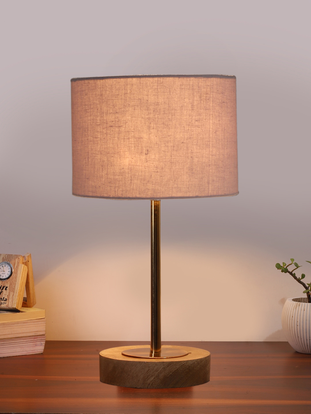 Ambika Home Luxury Premium Devansh Grey cotton table lamp with Natural Wood Base & Golden Pipe (7X17 inches)-7 Lamp with Grey Shade for Living Room, Bedroom & Hallway - Image 2