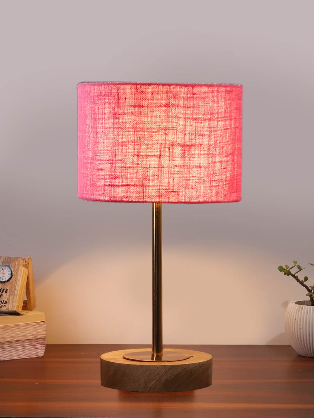 Ambika Home Luxury Premium Devansh Pink Jute table lamp with Natural Wood Base & Golden Pipe (7X17 inches)-11 Lamp with Pink Shade for Living Room, Bedroom & Hallway - Image 2