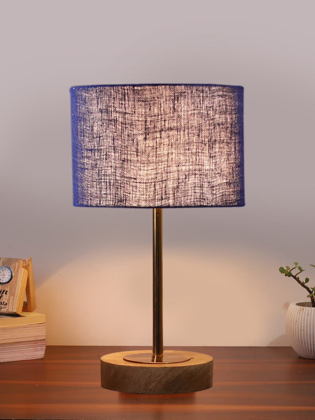 Ambika Home Luxury Premium Devansh Blue Jute table lamp with Natural Wood Base & Golden Pipe (7X17 inches)-13 Lamp with Blue Shade for Living Room, Bedroom & Hallway - Image 2