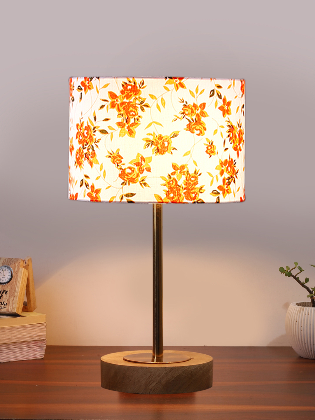 Ambika Home Luxury Premium Devansh Multicolor cotton table lamp with Natural Wood Base & Golden Pipe (7X17 inches)-14 Lamp with Multicolor Shade for Living Room, Bedroom & Hallway - Image 2
