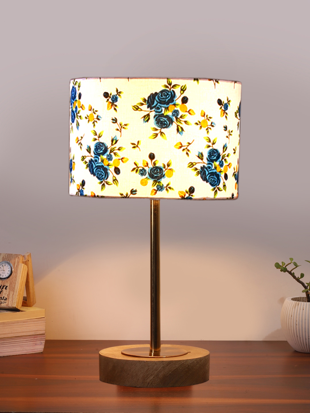 Ambika Home Luxury Premium Devansh Multicolor cotton table lamp with Natural Wood Base & Golden Pipe (7X17 inches)-15 Lamp with Multicolor Shade for Living Room, Bedroom & Hallway - Image 2