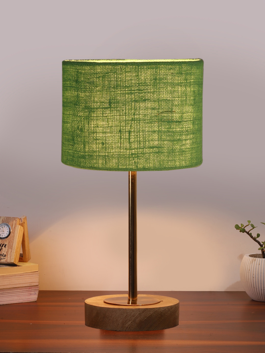 Ambika Home Luxury Premium Devansh Green Jute table lamp with Natural Wood Base & Golden Pipe (7X17 inches)-17 Lamp with Green Shade for Living Room, Bedroom & Hallway - Image 2