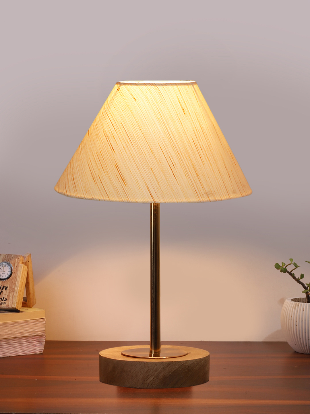 Ambika Home Luxury Premium Devansh off white cotton table lamp with Natural Wood Base & Golden Pipe (10X16.25 inches)-27 Lamp with off-white Shade for Living Room, Bedroom & Hallway - Image 2