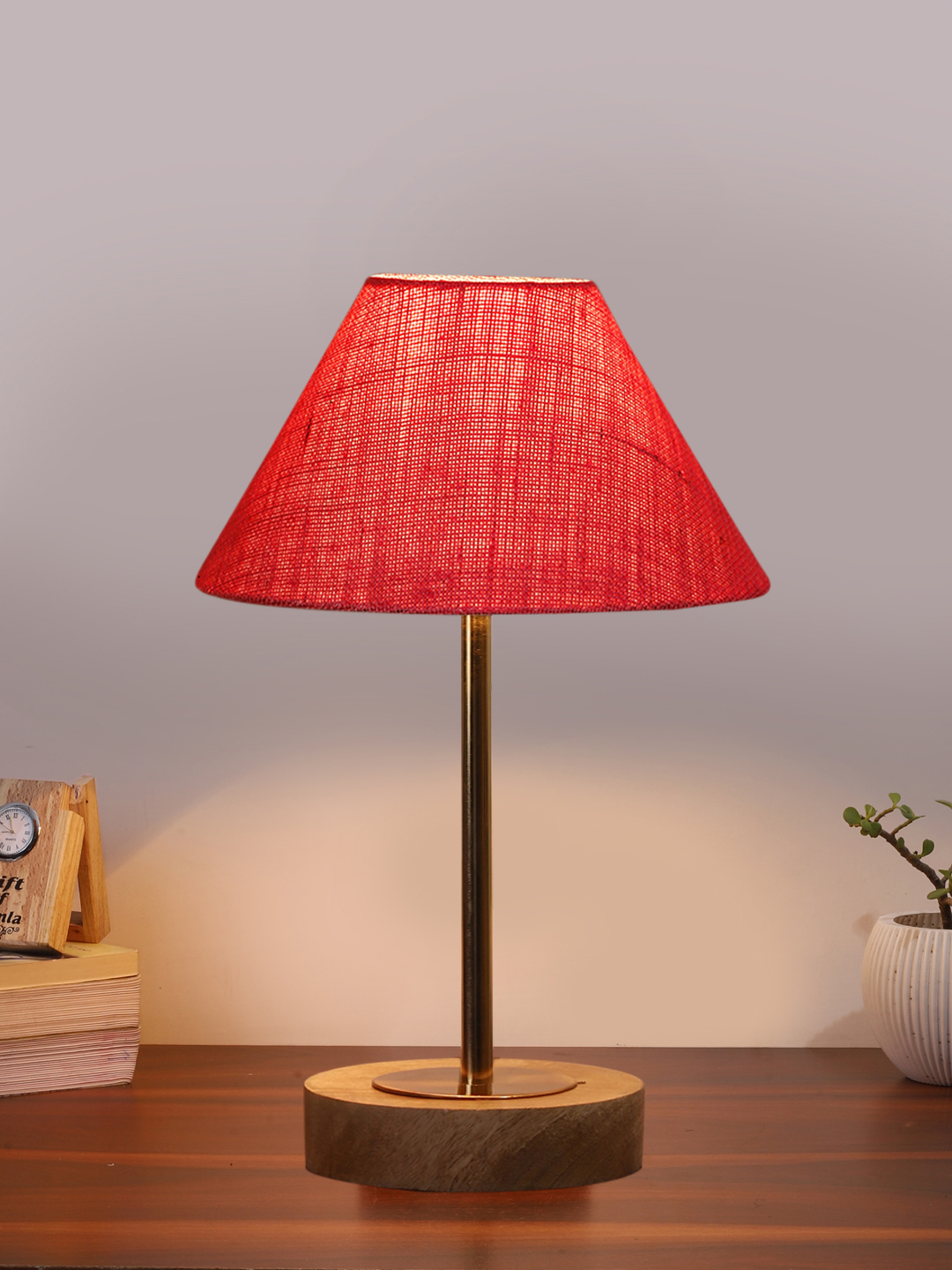 Ambika Home Luxury Premium Devansh Pink Jute table lamp with Natural Wood Base & Golden Pipe (10X16.25 inches)-35 Lamp with Pink Shade for Living Room, Bedroom & Hallway - Image 2