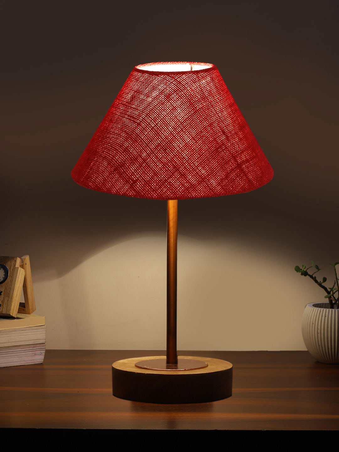 Ambika Home Luxury Premium Devansh Maroon Jute table lamp with g Natural Wood Base & Copper Pipe (10X16.25 inches)-36 Lamp with Maroon Shade for Living Room, Bedroom & Hallway - Image 3