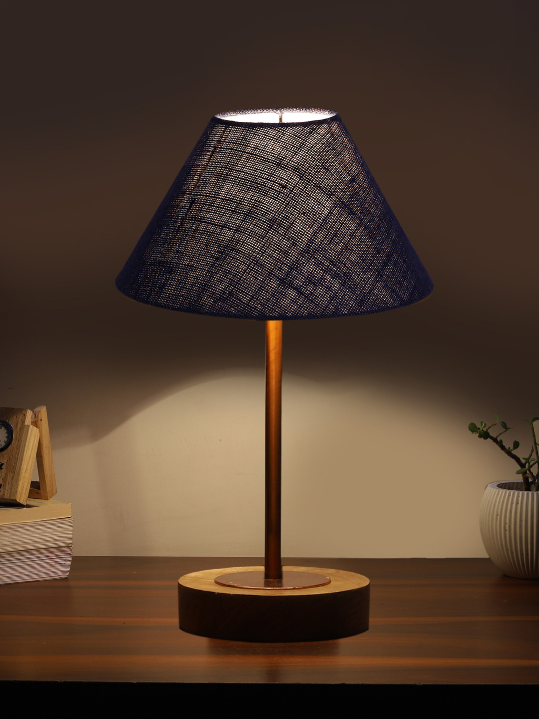 Ambika Home Luxury Premium Devansh Blue Jute table lamp with Natural Wood Base & Copper Pipe (10X16.25 inches)-37 Lamp with Blue Shade for Living Room, Bedroom & Hallway - Image 3