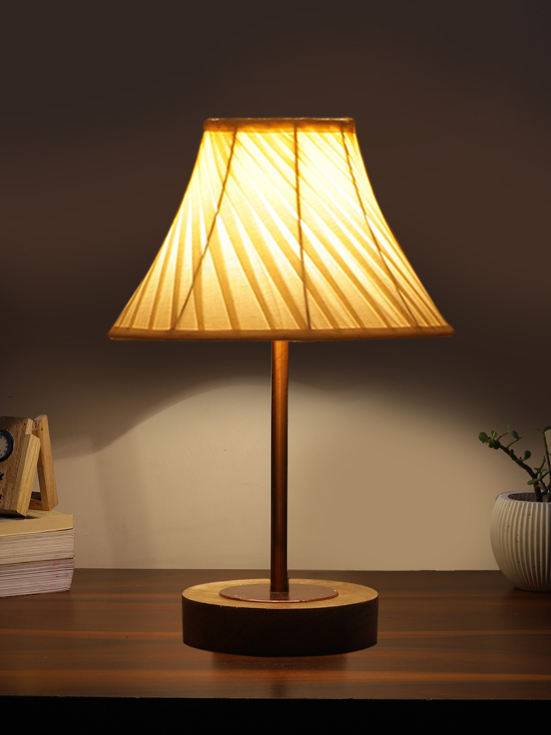 Ambika Home Luxury Premium Devansh Off-white cotton Vintage Straight Pleated lamp with Natural Wood Base & Copper Pipe (12x19) Lamp with off-white Shade for Living Room, Bedroom & Hallway - Image 3