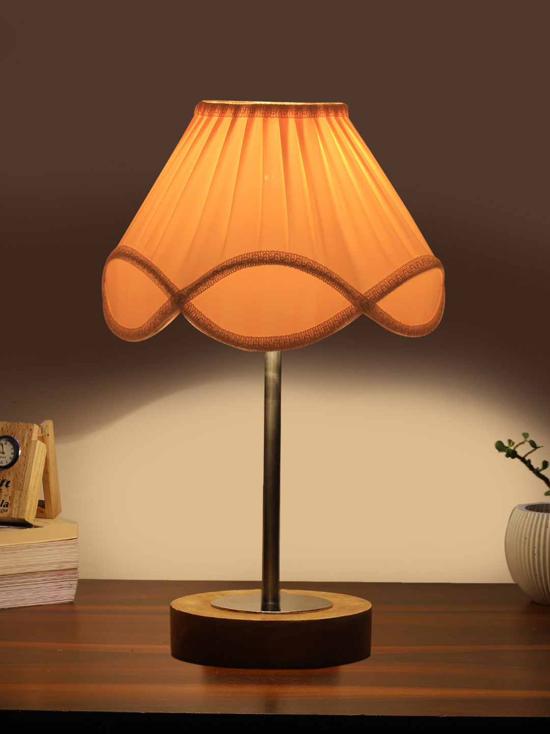 Ambika Home Luxury Premium Devansh Off-white cotton Vintage lamp with Natural Wood Base & Steel Pipe (12x19.25) Lamp with off-white Shade for Living Room, Bedroom & Hallway - Image 6