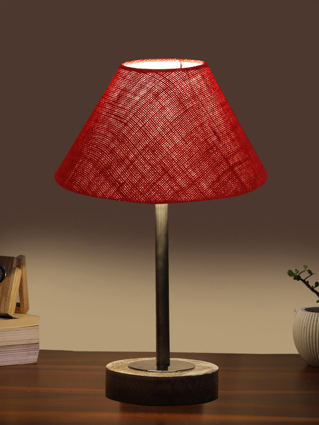 Ambika Home Luxury Premium Devansh Maroon Jute table lamp with g White Brushed Wood Base & Golden finish Metal (10X16.25 inches)-36 Lamp with Maroon Shade for Living Room, Bedroom & Hallway - Image 3