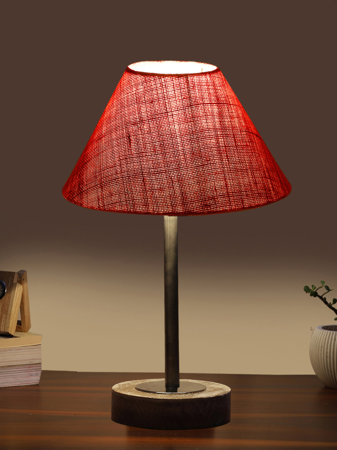 Ambika Home Luxury Premium Devansh Pink Jute table lamp with White Brushed Wood Base & Golden finish Metal (10X16.25 inches)-35 Lamp with Pink Shade for Living Room, Bedroom & Hallway