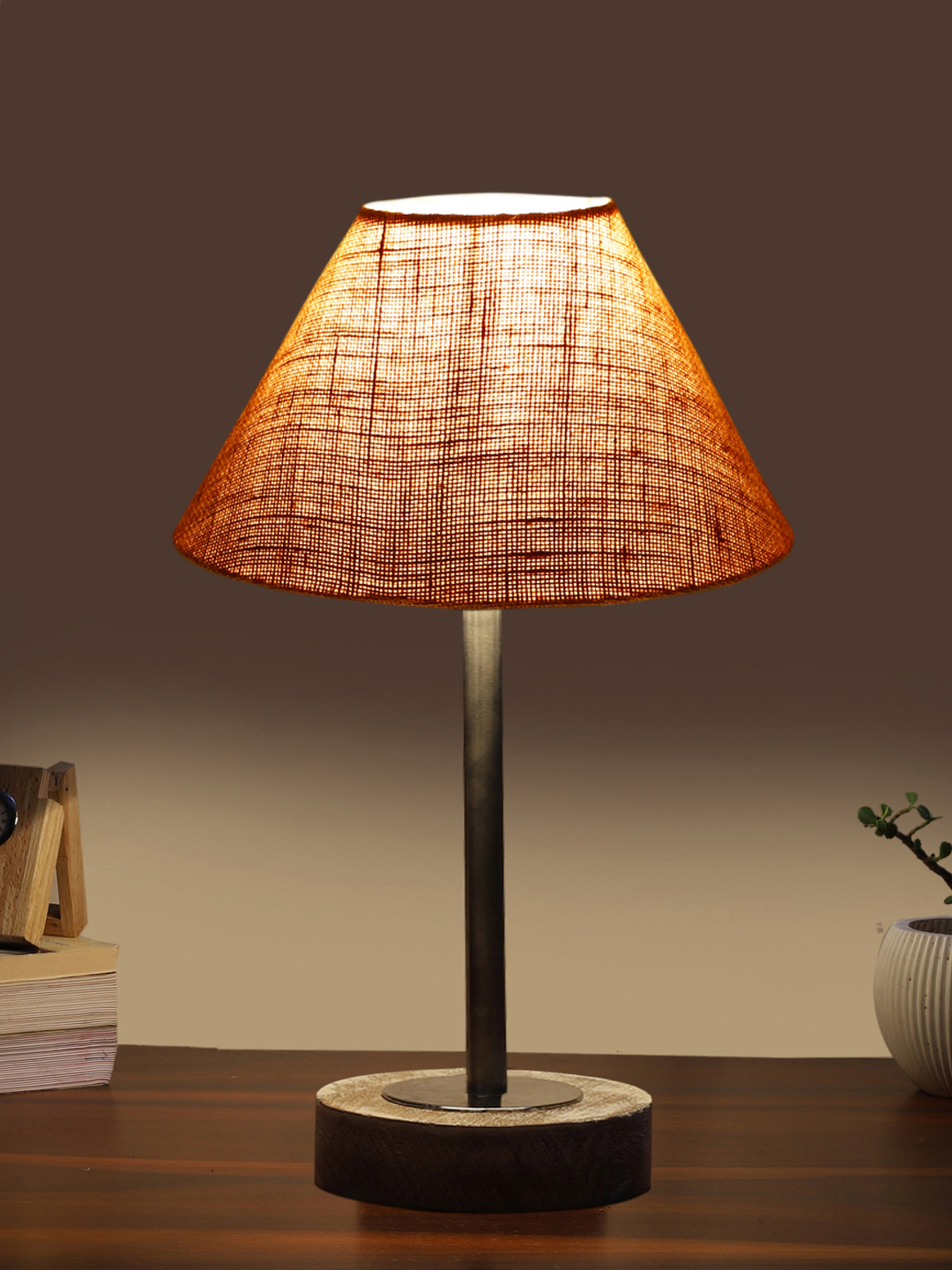 Ambika Home Luxury Premium Devansh Beige Jute table lamp with Black White Brushed Wood Base & Golden finish Metal & Golden finish Metal (10X16.25 inches)-34 Lamp with Beige Shade for Living Room, Bedroom & Hallway - Image 3