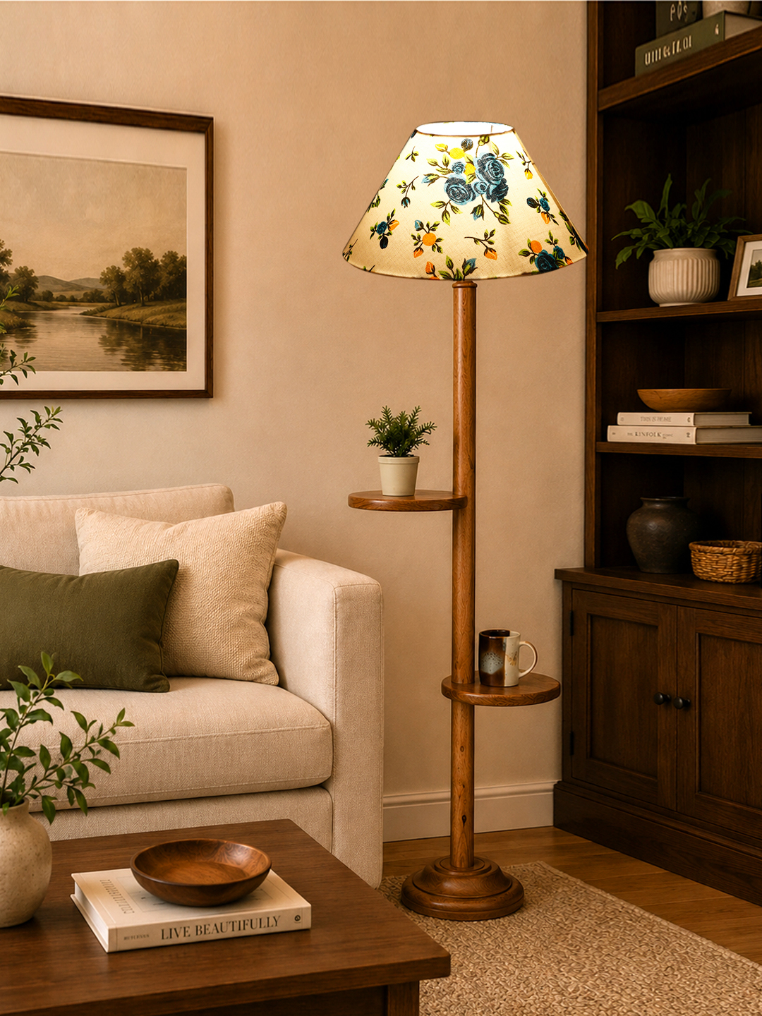Ambika Home Multi cotton Conical shade with Double Shelf floor Lamp Modern Floor Lamp | Multi Cotton Shade, Wood Base | Luxury Living Room, Bedroom & Home Decor Lighting - Image 3