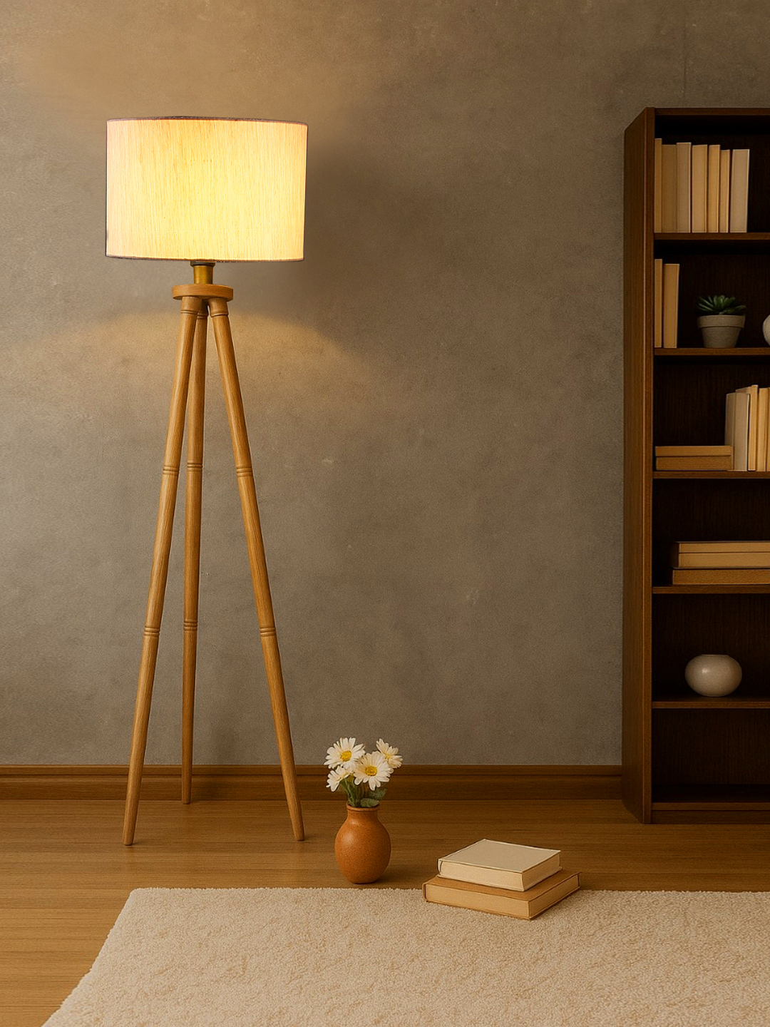 Ambika Home Off-white Shade Wooden Natural Tripod Floor Lamp for Living Room, Bedroom & Hotel Decor | E27 Holder Included Bulb - Image 3