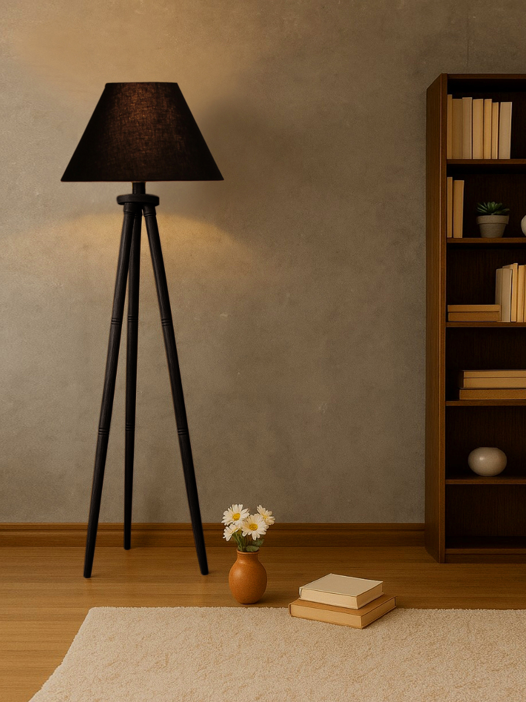 Ambika Home Off-white Shade Wooden Tripod Floor Lamp for Living Room, Bedroom & Hotel Decor | E27 Holder Included Bulb - Image 3