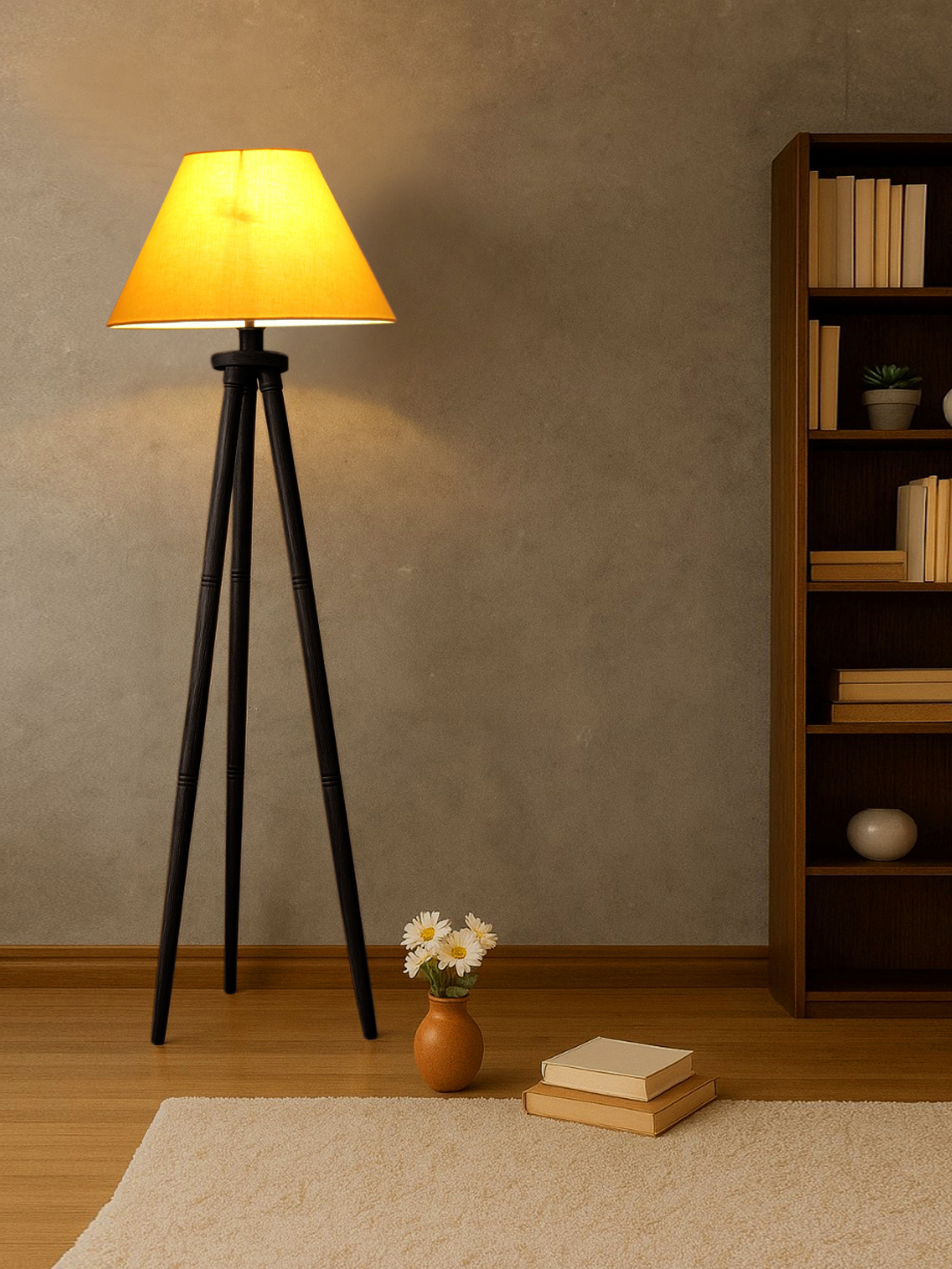 Ambika Home Designer Yellow Wooden Tripod Floor Light for Living Space & Hotels | E27 Holder Included Bulb - Image 3
