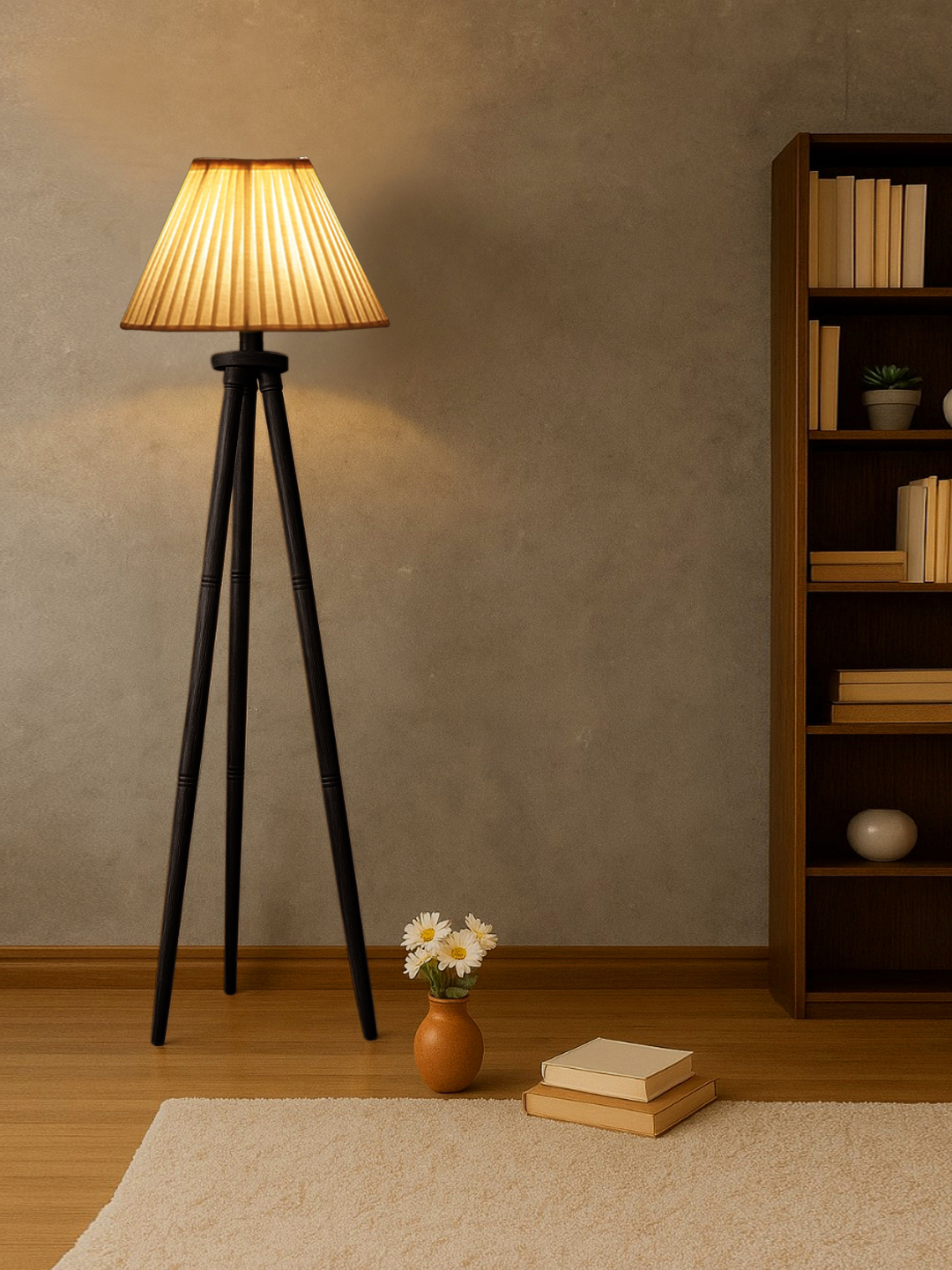 Ambika Home Off-white Shade Wooden Tripod Floor Lamp for Living Room, Bedroom & Hotel Decor | E27 Holder Included Bulb - Image 3
