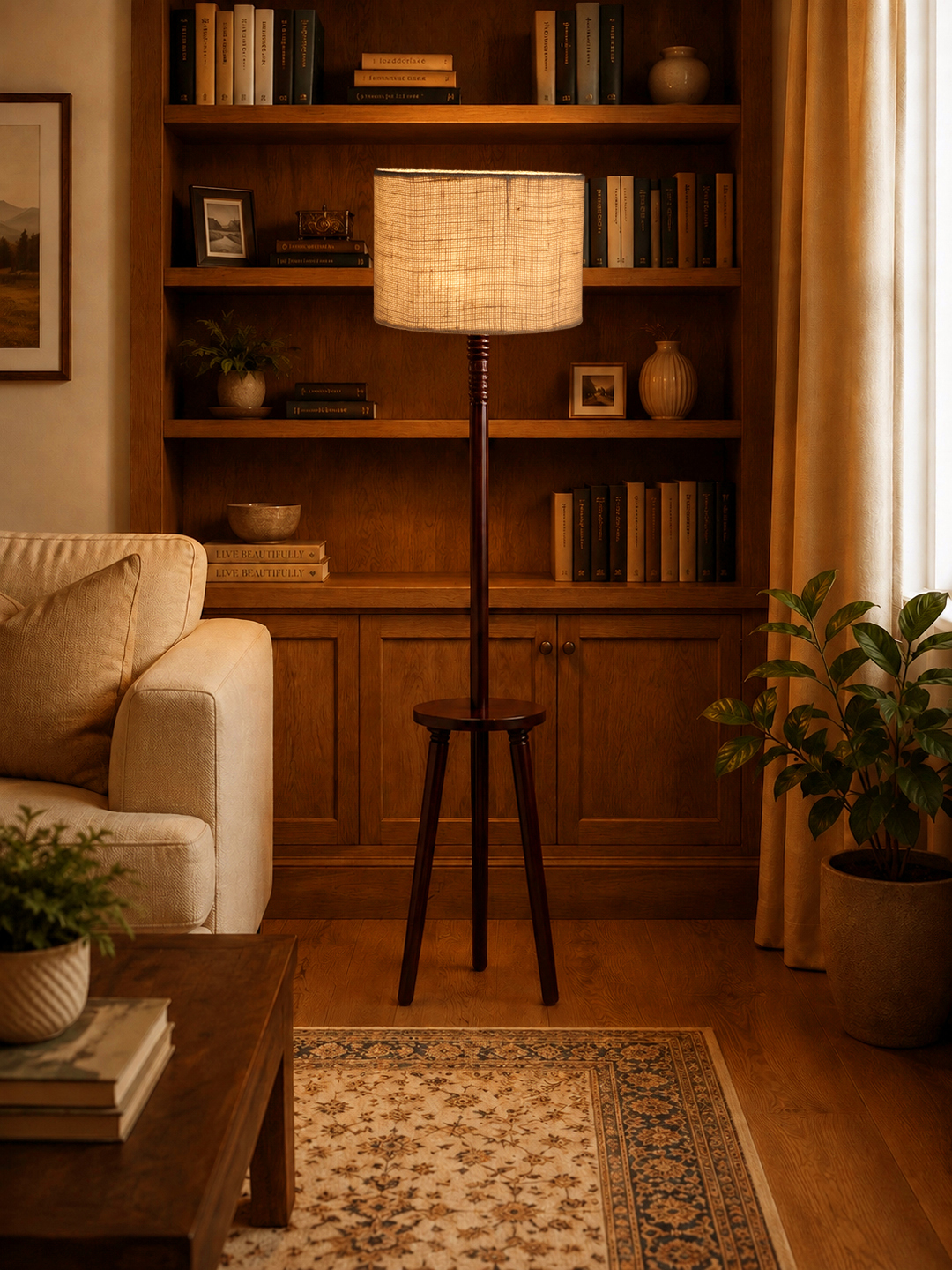 Premium White Jute Shade Floor Lamp with Wooden Shelf Stand for Living Room, Bedroom & Reading Corner | Modern Decorative Standing Lamp | Solid Wood Base | Elegant Home Lighting - Image 4