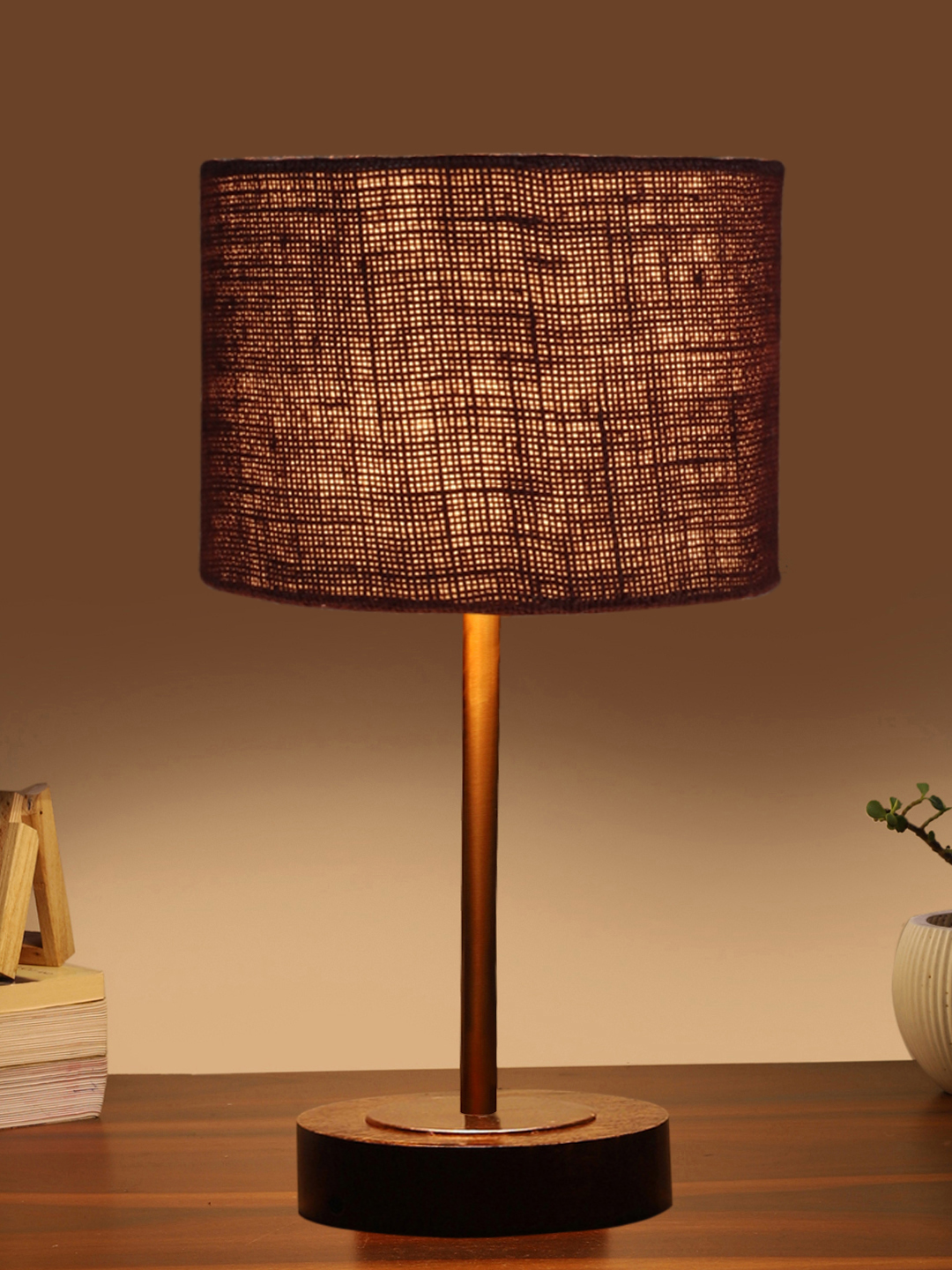 Ambika Home Luxury Premium Devansh Brown Jute table lamp with Brown wood Base & Copper finish Metal (7X17 inches)-17 Lamp with Brown Shade for Living Room, Bedroom & Hallway - Image 3