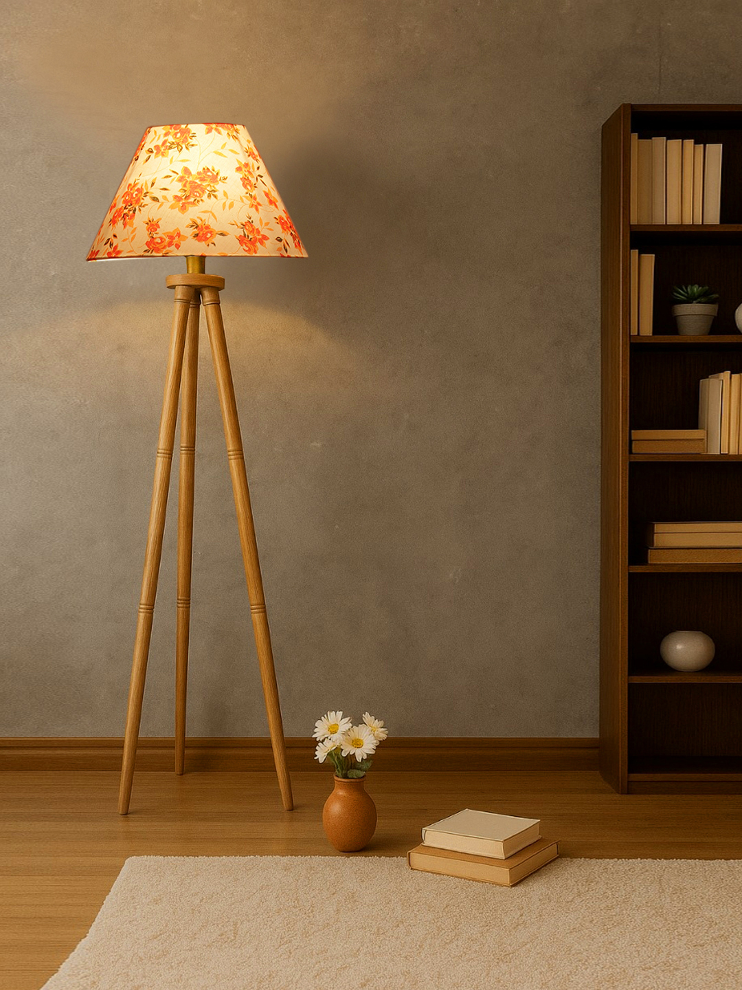 Multi Cotton Conical Shade Wooden Tripod Floor Lamp for Living Room, Bedroom & Hotel Decor | Modern Standing Lamp with Natural Wood Base, E27 Holder, Ambient Lighting & Premium Home Decor - Image 4