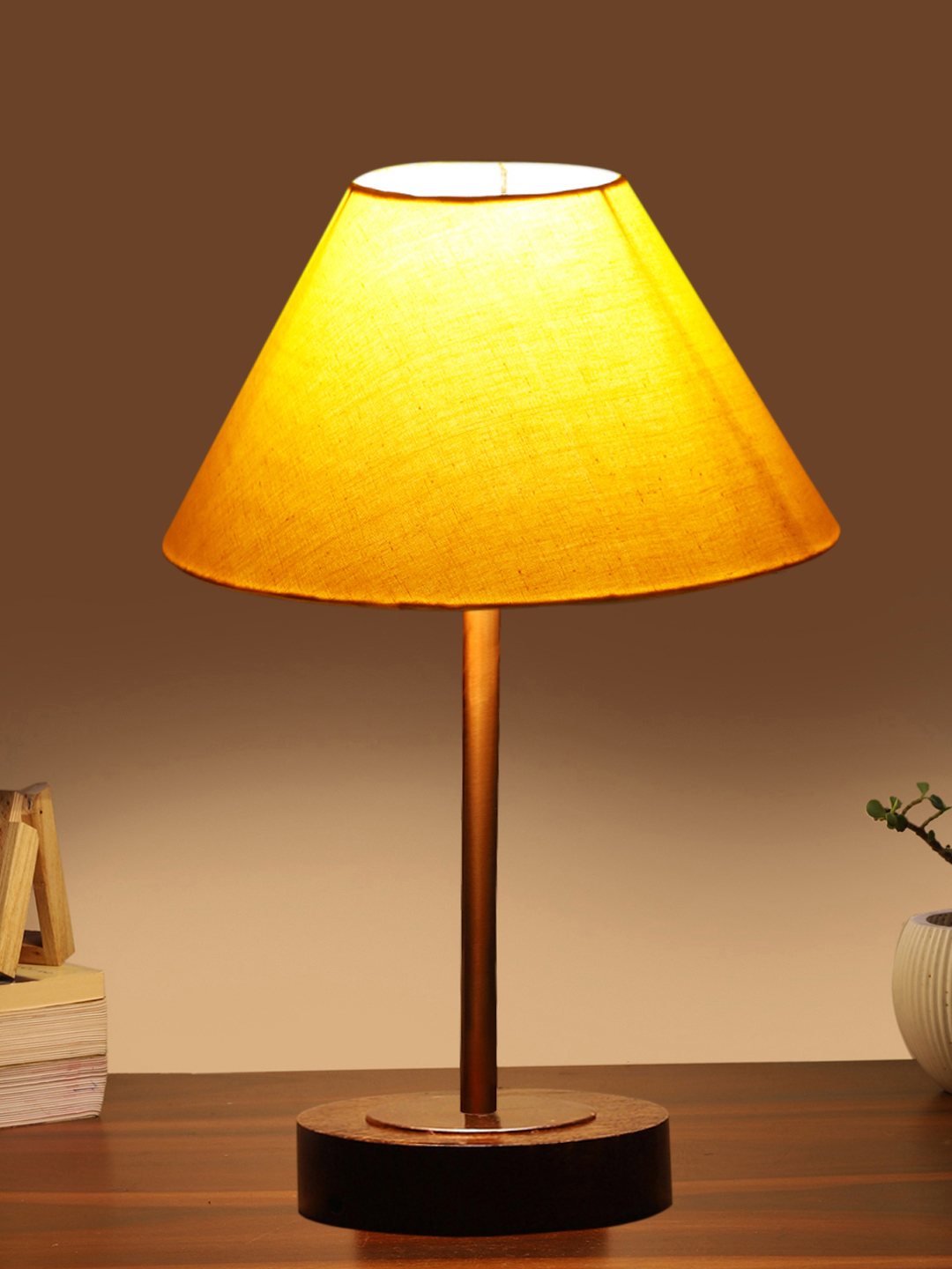 Ambika Home Luxury Premium Devansh Yellow cotton table lamp with Brown wood Base & Copper finish Metal (10X16.25 inches)-31 Lamp with Yellow Shade for Living Room, Bedroom & Hallway - Image 3