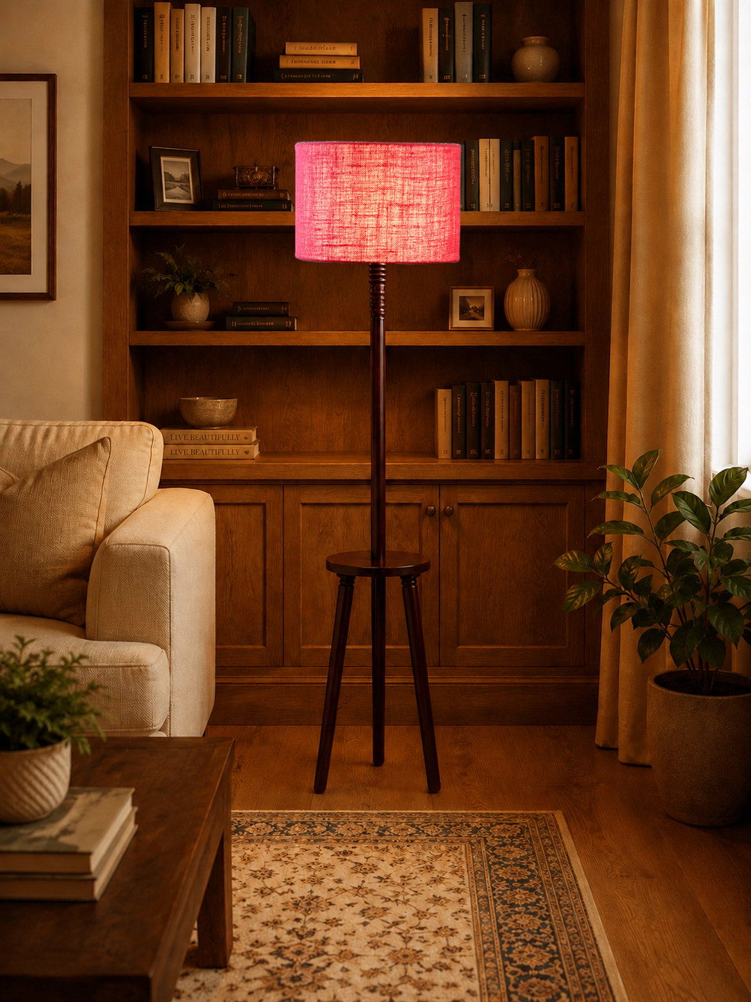 Premium Pink Jute Shade Floor Lamp with Wooden Shelf Stand for Living Room, Bedroom & Reading Corner | Modern Decorative Standing Lamp | Solid Wood Base | Elegant Home Lighting - Image 3