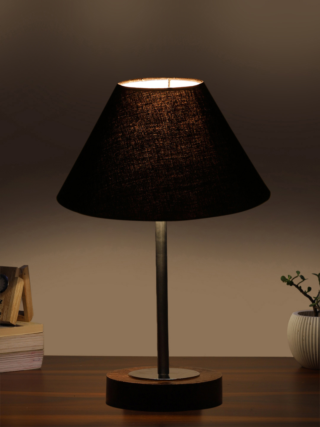 Ambika Home Luxury Premium Devansh Black cotton table lamp with Brown wood Base & Steel Pipe (10X16.25 inches)-28 Lamp with Black Shade for Living Room, Bedroom & Hallway - Image 3