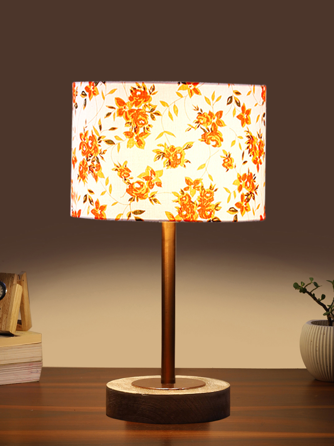 Ambika Home Luxury Premium Devansh Multicolor cotton table lamp with White Brushed Wood Base & Copper finish Metal (7X17 inches)-14 Lamp with Multicolor Shade for Living Room, Bedroom & Hallway - Image 3