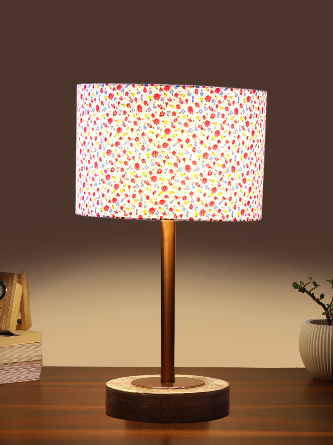 Ambika Home Luxury Premium Devansh Multicolor cotton table lamp with White Brushed Wood Base & Copper finish Metal (7X17 inches)-16 Lamp with Multicolor Shade for Living Room, Bedroom & Hallway - Image 3