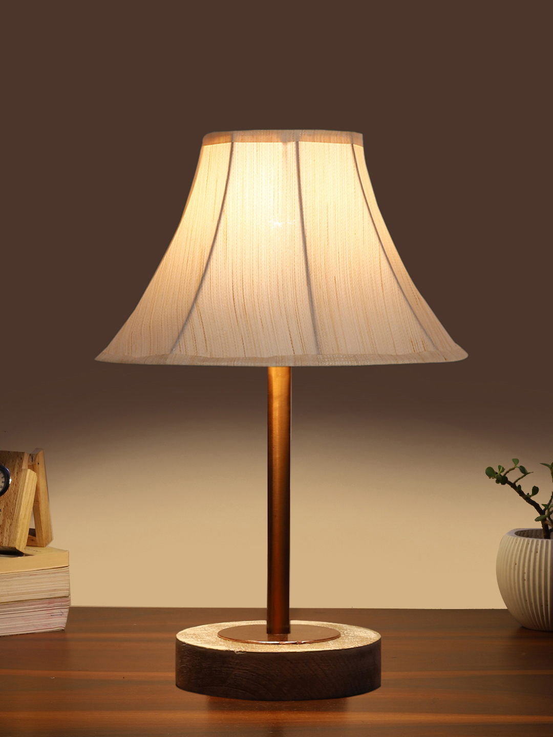 Ambika Home Luxury Premium Devansh Off-white cotton Vintage lamp with White Brushed Wood Base & Copper finish Metal (12x17.75) Lamp with off-white Shade for Living Room, Bedroom & Hallway - Image 3